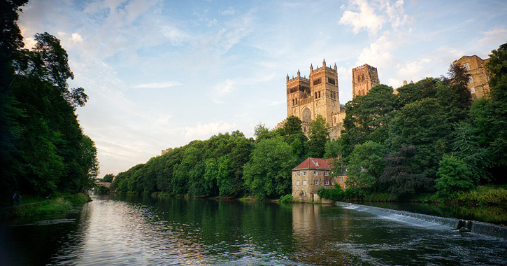 View of Durham City riverbanks with Durham Cathedral 
